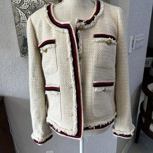 J.Crew Lady Jacket Blazer Tweed Cropped Fringe Fringy White Red Blue Gold 14